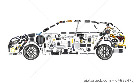 car silhouette made of details 3d render on white car silhouette made of details 3d render on white 64652473