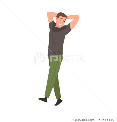 Cheerful Man in Casual Clothes Standing Throwing Hands Over His Head Vector Illustration 64653449