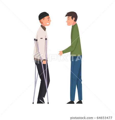 Disabled Man with Crutches Meeting with His Friend, Handicapped Man Receiving Support and Having Good Time, Person Enjoying Full Life Vector Illustration 64653477