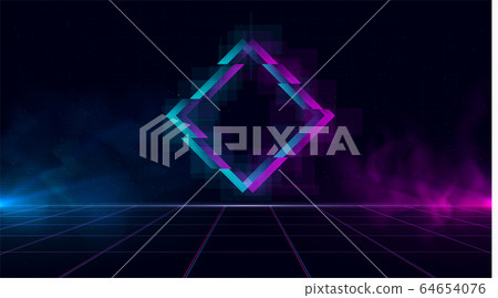 Synthwave vaporwave retrowave cyber landscape with sparkling glitch rhombus, laser grid, blue and purple glows with smoke and particles. Design for poster, cover, wallpaper, web, banner. 64654076