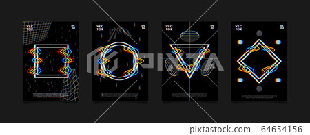 Set of posters for art exhibition or music event with glitched geometric shapes on black background. Design for cover, poster, flyer, card, invitation etc. 64654156