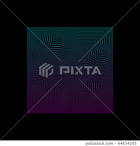 Glitched square of small dots in neon vivid colors on black background 64654205