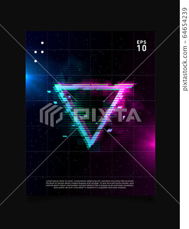 Inverted Triangle glitch effect in space laser grid with blue and pink glows and smoke. Retrowave vaporwave synthwave design for poster, flyer, cover, brochure, card, club invitation. Inverted Triangle glitch effect in space laser grid with blue and pink glows and smoke. Retrowave vaporwave synthwave design for poster, flyer, cover, brochure, card, club invitation. 64654239
