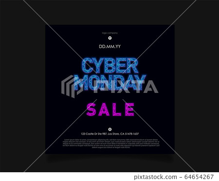 Cyber Monday sale inscription in Futuristic Hologram HUD style on dark background with blue lights. Design for flyer, event advertising, branding, shares, promotion etc. 64654267
