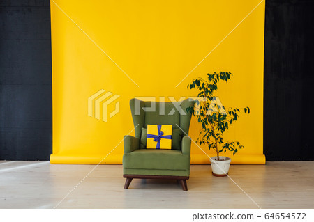 chair and green plant in the interior of the room with a yellow background 64654572