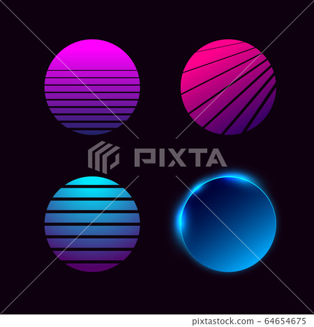 Set of retrowave synthwave vaporwave style suns. Eps 10 64654675