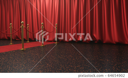 Awards show background with closed red curtains. Red velvet carpet between golden barriers connected by a red rope. Curtains theater stage, 3d Rendering 64654902