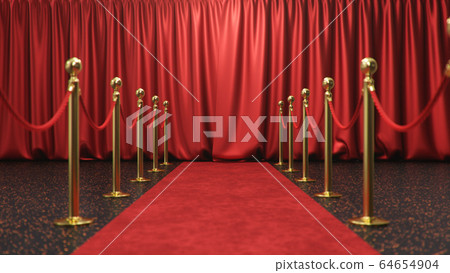 Awards show background with closed red curtains. Red velvet carpet between golden barriers connected by a red rope. Curtains theater stage, 3d Rendering Awards show background with closed red curtains. Red velvet carpet between golden barriers connected by a red rope. Curtains theater stage, 3d Rendering 64654904