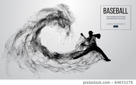Abstract silhouette of a baseball player pitcher on white background from particles, smoke. Baseball player pitcher throws the ball . Background can be changed to any other. Vector illustration Abstract silhouette of a baseball player pitcher on white background from particles, smoke. Baseball player pitcher throws the ball . Background can be changed to any other. Vector illustration 64655278