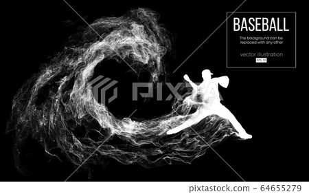 Abstract silhouette of a baseball player pitcher on dart black background from particles, smoke. Baseball player pitcher throws the ball . Background can be changed to any other. Vector illustration Abstract silhouette of a baseball player pitcher on dart black background from particles, smoke. Baseball player pitcher throws the ball . Background can be changed to any other. Vector illustration 64655279
