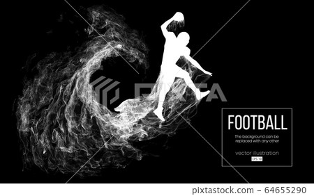 Abstract silhouette of a american football player on dark black background from particles, dust, smoke, steam. Football player jumping with ball. Rugby. Background can be changed to any other. Vector 64655290