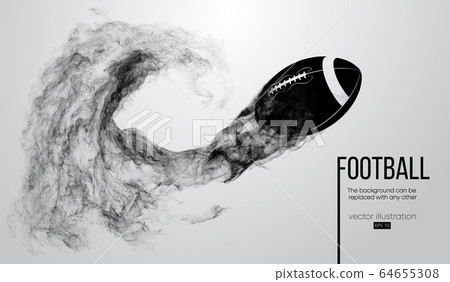 Abstract silhouette of a american football ball on white background from particles, dust, smoke, steam. Football ball flies. Rugby. Background can be changed to any other. Vector 64655308