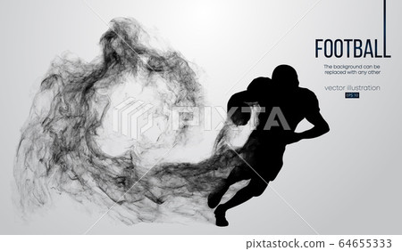 Abstract silhouette of a american football player on white background from particles, dust, smoke, steam. Football player running with ball. Rugby. Background can be changed to any other. Vector 64655333