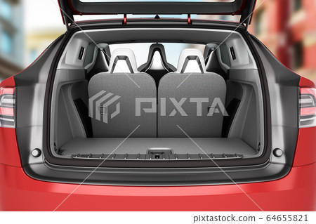 Empty car minivan trunk with folded rear seats A 64655821