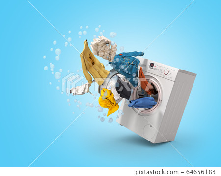 Washing machine and flying clothes on blue 64656183