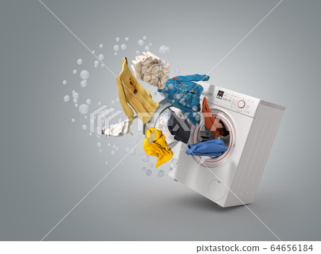 Washing machine and flying clothes on grey 64656184