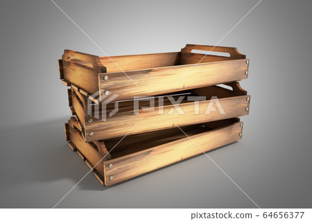 Empty wooden fruit crate 3d render on grey Empty wooden fruit crate 3d render on grey 64656377