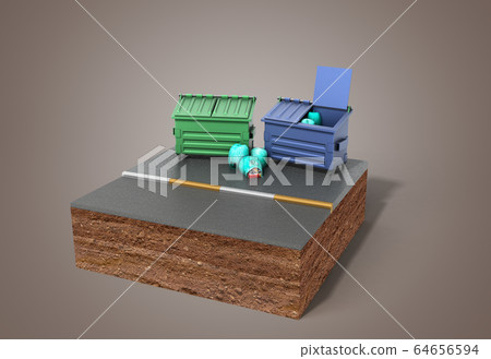 garbage cans on a piece of land 3d render on grey garbage cans on a piece of land 3d render on grey 64656594