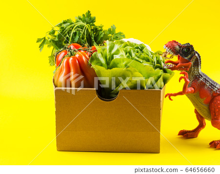 Box with fresh produce and angry dinosaur Box with fresh produce and angry dinosaur 64656660