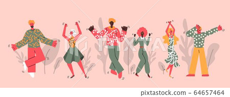 Diverse cheerful man and woman cartoon characters dancing on background with leaves, sketch vector illustration in doodle style. Holiday and festival banner template. Diverse cheerful man and woman cartoon characters dancing on background with leaves, sketch vector illustration in doodle style. Holiday and festival banner template. 64657464