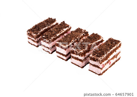 Pie chocolate-raspberry with chocolate chips on white background 64657901