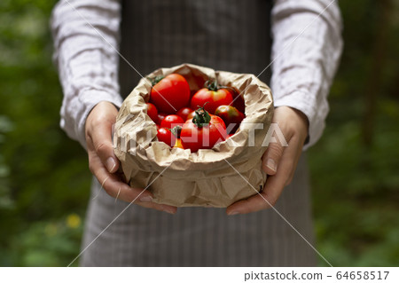 Delivery man holds organic tomatoes in paper bag 64658517