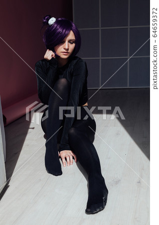 portrait of a beautiful girl cosplayer anime with purple hair portrait of a beautiful girl cosplayer anime with purple hair 64659372