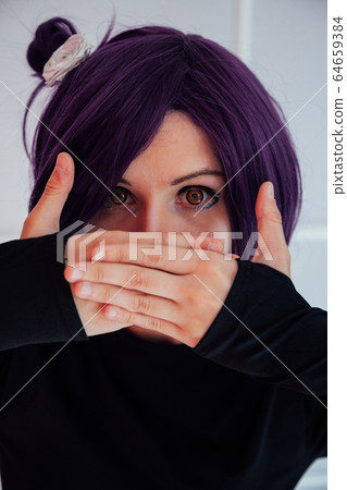 portrait of a beautiful girl cosplayer anime with purple hair portrait of a beautiful girl cosplayer anime with purple hair 64659384