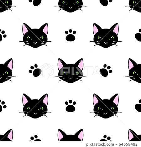Seamless pattern with cute black and white cat - Stock Illustration ...