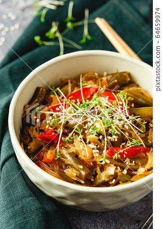 Noodles and green beans. Noodles and green beans. 64659974