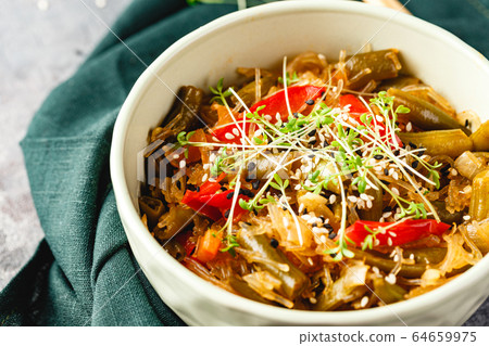 Noodles and green beans. Noodles and green beans. 64659975