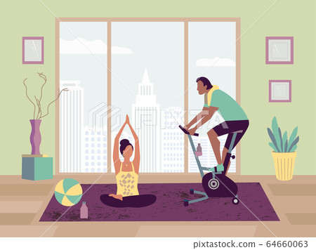 Couple sport activity stay home flat color vector 64660063