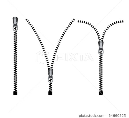 Open zipper teeth metal fastener isolated illustration. Unzip sewing black lock plastic zip buckle Open zipper teeth metal fastener isolated illustration. Unzip sewing black lock plastic zip buckle 64660325