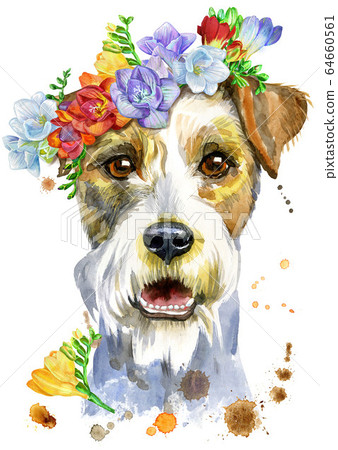 Watercolor portrait of airedale terrier dog with 64660561
