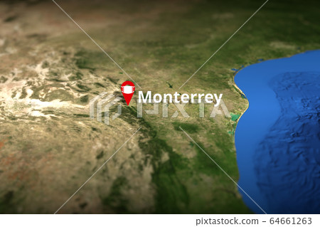 Monterrey, Mexico city geotag with face mask, COVID-19 coronavirus disease quarantine related 3D rendering 64661263