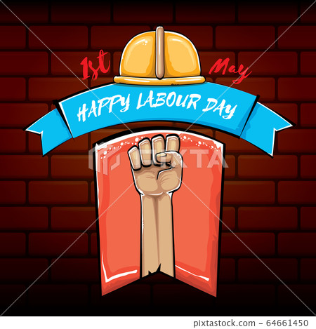 Happy labour day vector label with strong orange fist isolated on brick wall background. vector happy labor day background with man hand. red workers may day poster 64661450