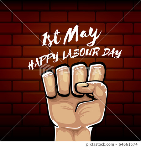 Happy labour day vector label with strong orange fist isolated on brick wall background. vector happy labor day background with man hand. red workers may day poster Happy labour day vector label with strong orange fist isolated on brick wall background. vector happy labor day background with man hand. red workers may day poster 64661574