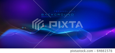 Illustration Abstract glowing, neon light effect, wave line, wavy pattern. Vector design communication techno on blue background. Futuristic digital technology for web or banner background 64661578