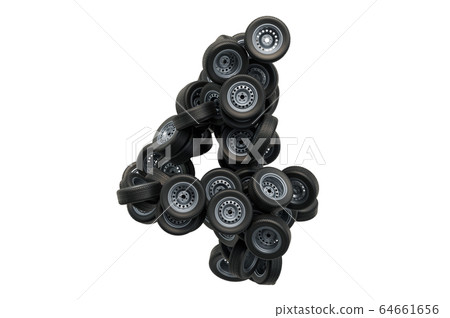 Number 4 from car wheels, 3D rendering Number 4 from car wheels, 3D rendering 64661656