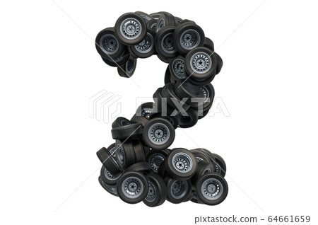 Number 2 from car wheels, 3D rendering 64661659