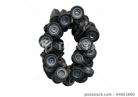 Number 0 from car wheels, 3D rendering Number 0 from car wheels, 3D rendering 64661660