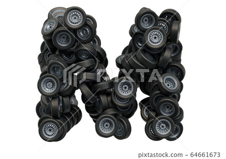 Letter M from car wheels, 3D rendering 64661673