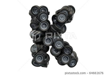 Letter K from car wheels, 3D rendering 64661676