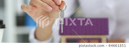 Female hand holds the key to the lock 64661851