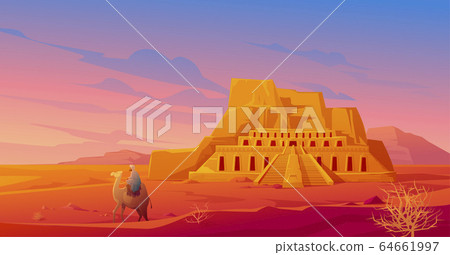 Egypt desert with Hatshepsut temple and camel 64661997