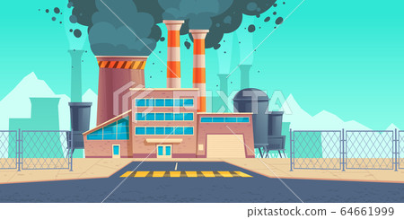Factory building with black smoke from chimneys Factory building with black smoke from chimneys 64661999