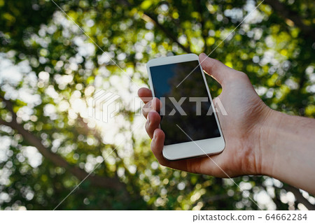 male hand hold white smart phone over blurred 64662284