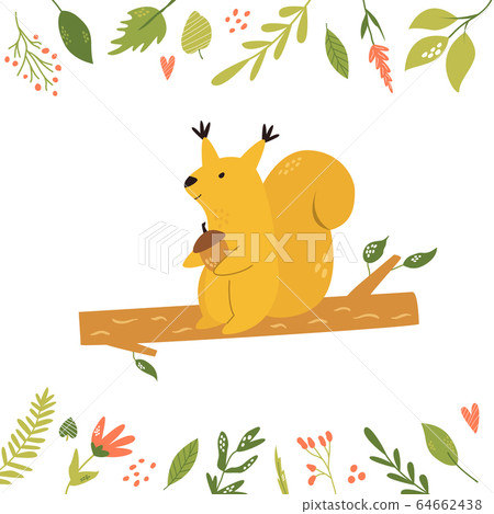 Bright floral card with cute squirrel on a branch 64662438