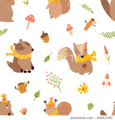Cute seamless pattern with funny forest animals 64662440