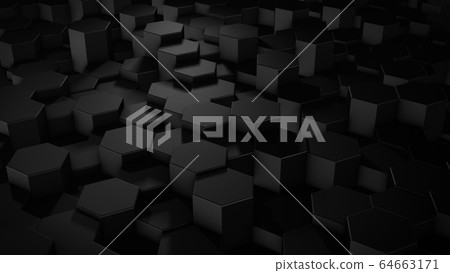 3D rendering of abstract hexagonal geometric black surfaces in virtual space 3D rendering of abstract hexagonal geometric black surfaces in virtual space 64663171